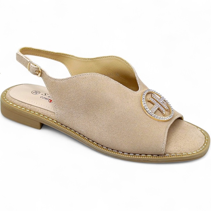 Sandale Dama Din Piele Elegante Plate Reglabile Bej S.barski, Bej