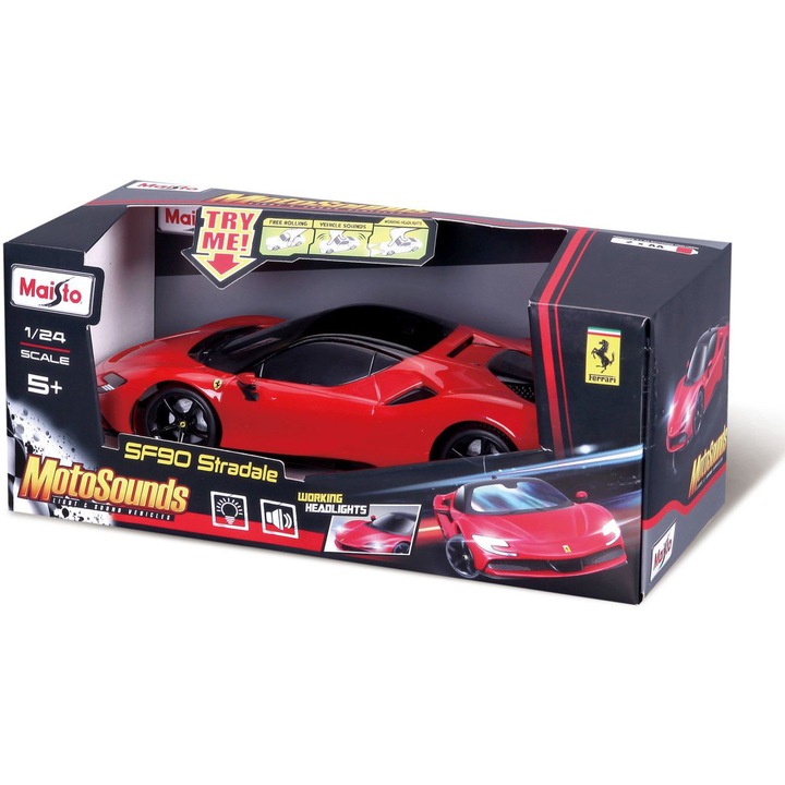 Количка Maisto MotoSounds - Ferrari SF90 Stradale, Със светлини и звуци, 1:24