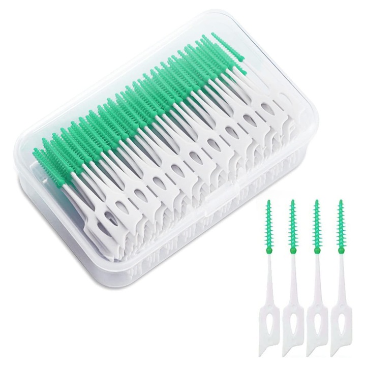 400 darabos interdentális kefe készlet, OUYLAF, puha szilikon fej, innovatív design, zöld