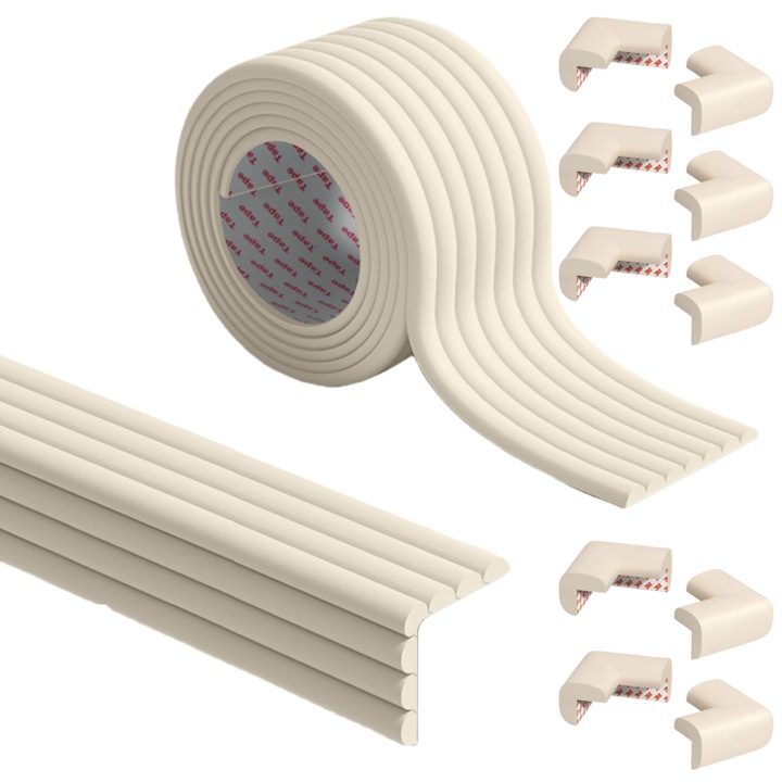 Защитна лента от пяна, Fantasy, защита за ъгли и ръбове на мебели, 5м дължина, дебела, 10 ъглови протектора включени, 3M лепило, Модел W, По-широки ръбове, Бързо възстановяване при сблъсък, Защита за безопасността на децата, многофункционална, бежова