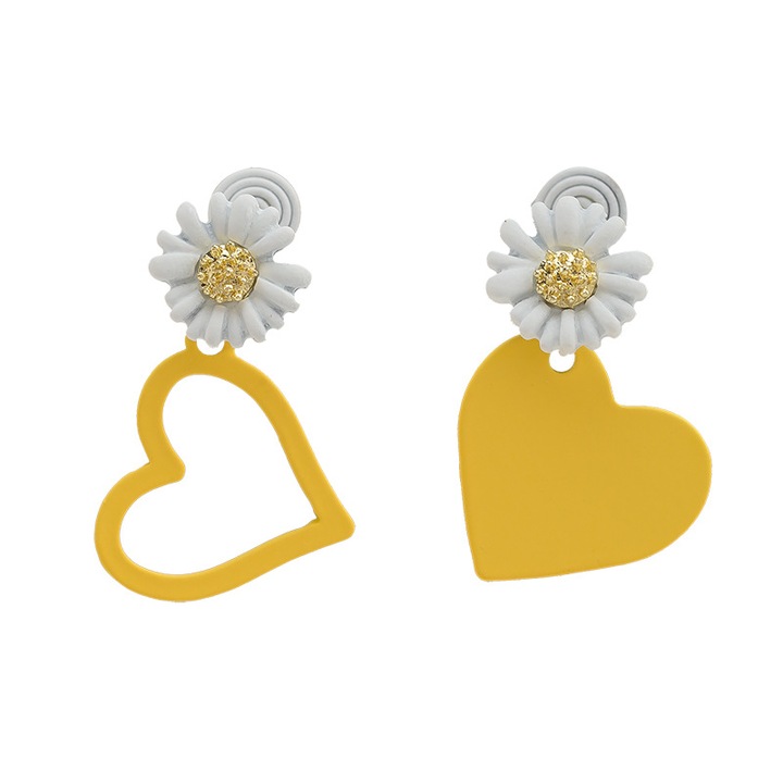 Cercei clip-on cu margareta si inima pentru femei｜Fara gauri｜Bijuterii elegante, de lux, cu design unic
