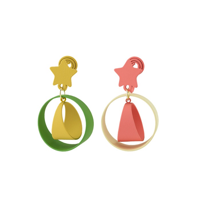 Cercei clip-on asimetrici cu stea si cerc in culori contrastante pentru femei｜Fara gauri｜Bijuterii la moda, stil proaspat de vacanta