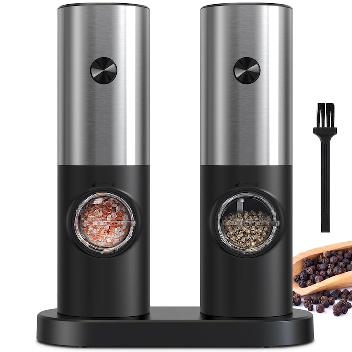 Set 2 Rasnite electrice pentru sare piper, ZGGZERG, Indicator LED, Inox, 108x89x188mm, Negru/Argintiu