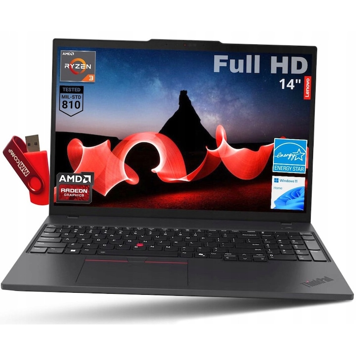 Pachet promo: Laptop Lenovo ThinkPad L14 G4, AMD Ryzen 3 PRO 7330U, 32GB RAM, 512GB SSD, 14" Full HD, Tactil, Set cu Pendrive + Geanta laptop 15.6 inch iBOX TN6020