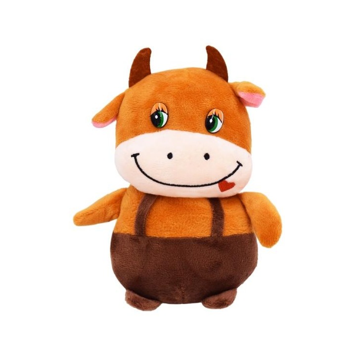 Jucărie de plus, Nichita, vacuță, salopetă maro, 18 cm