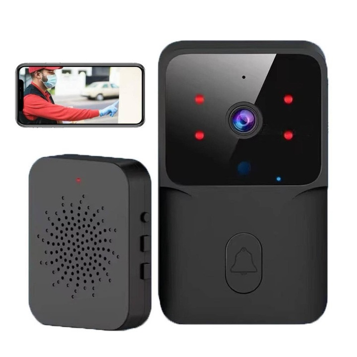 Безжичен електрически звънец ZYciyci, с видеокамера, двупосочно аудио, нощно виждане, мобилна интеграция, видеодомофон за домашно наблюдение, ZYciyci®, черен