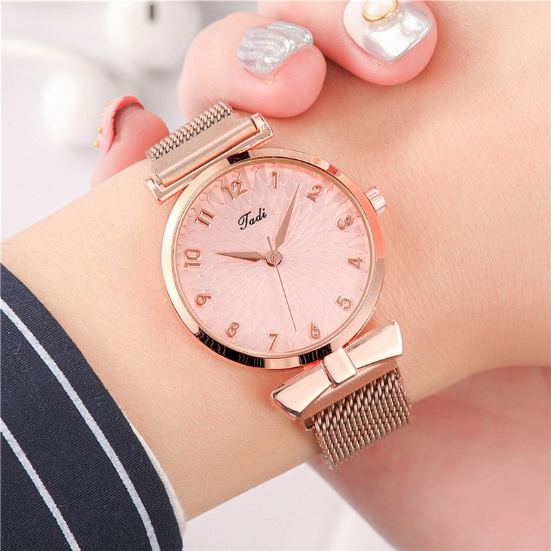 Ceas de dama modern, GSFRQWH, cu curea magnetica roz aurie, cadran roz ...