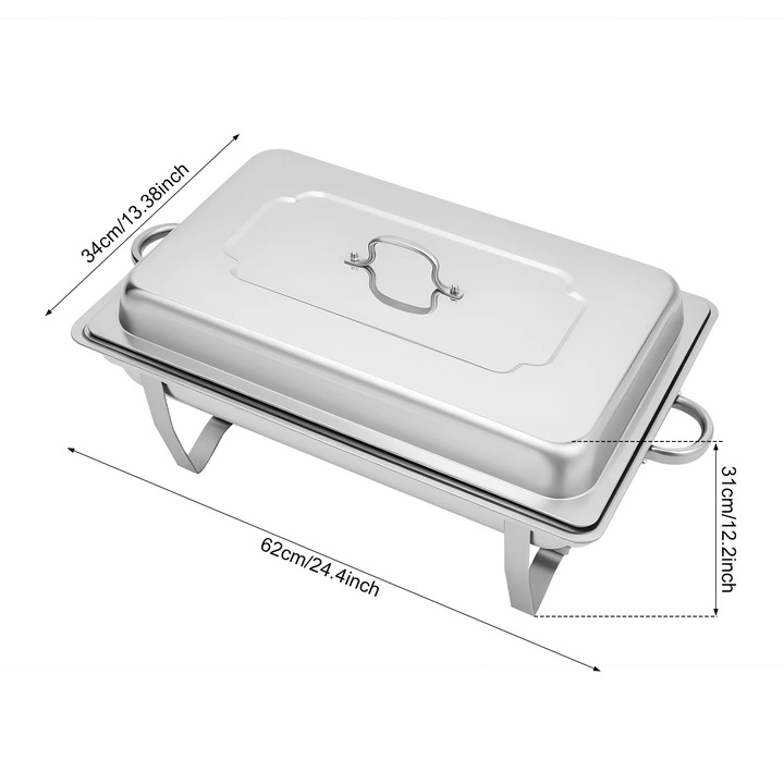 Incalzitor bufet, Chafing Dish, Capacitate 9 L, Inox, Dreptunghiular, Cu Capac, Dimensiuni 62×34×31 cm, Argintiu