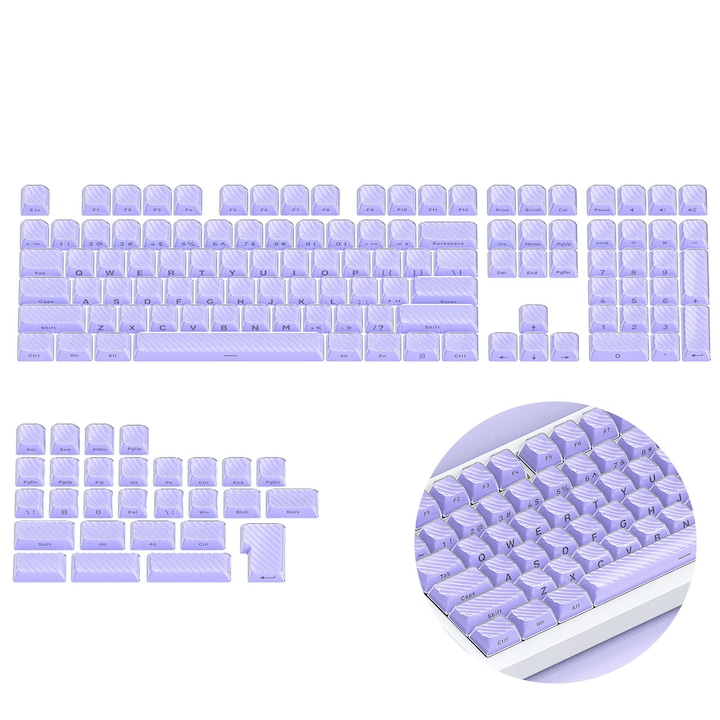 Keycap készlet mechanikus billentyűzethez, 136 billentyű, oldalsó lézergravírozás fényszórással, dupla hullámos textúra, lila, Alice elrendezéssel kompatibilis