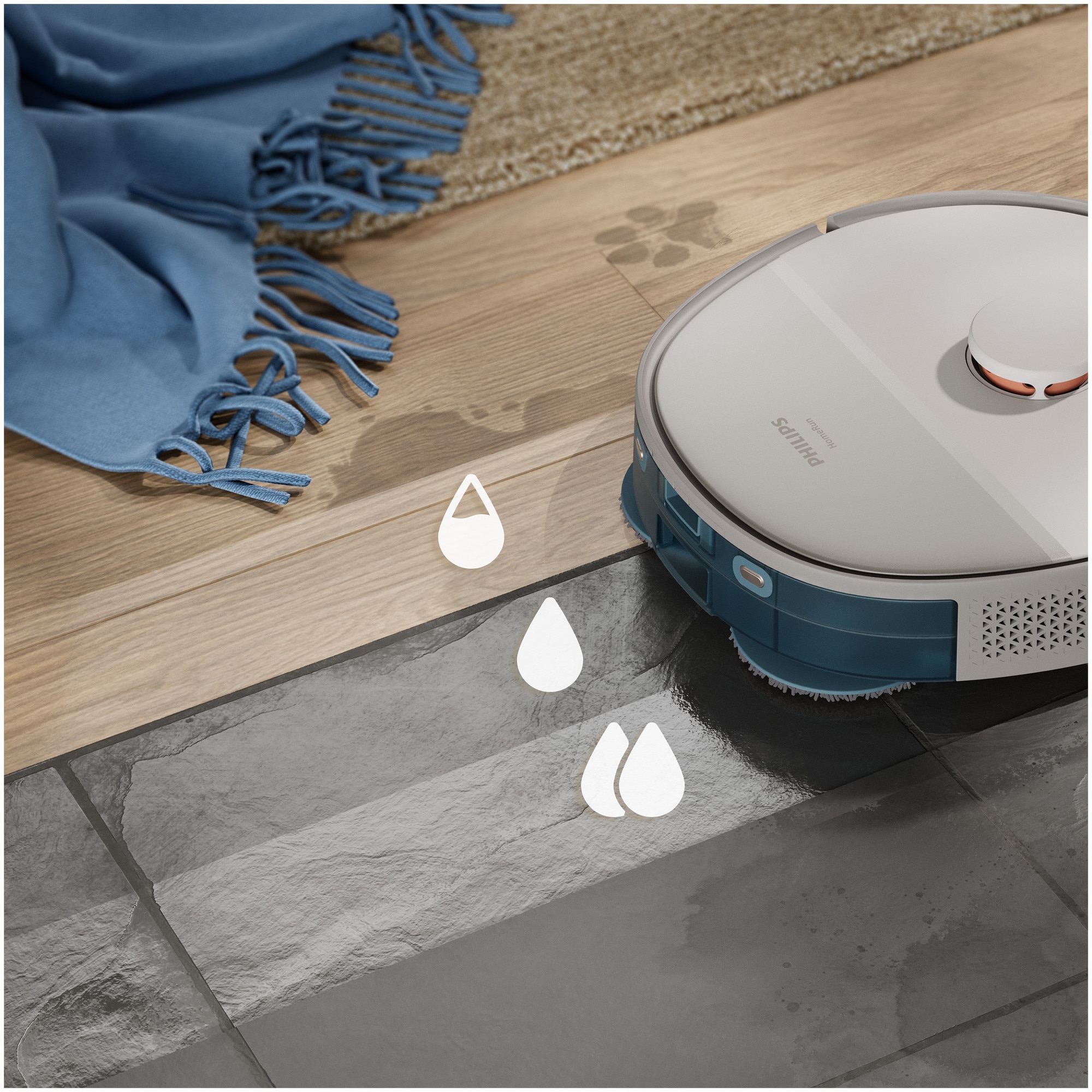Aspirator robot si mop Philips XU5100/20 seria 5000, statie de golire automata, navigare LDS, mop rotativ, 10.000 Pa, Perie antiîncurcare, Detectare obstacole mici, Detectare automata a covoarelor, culoare bej