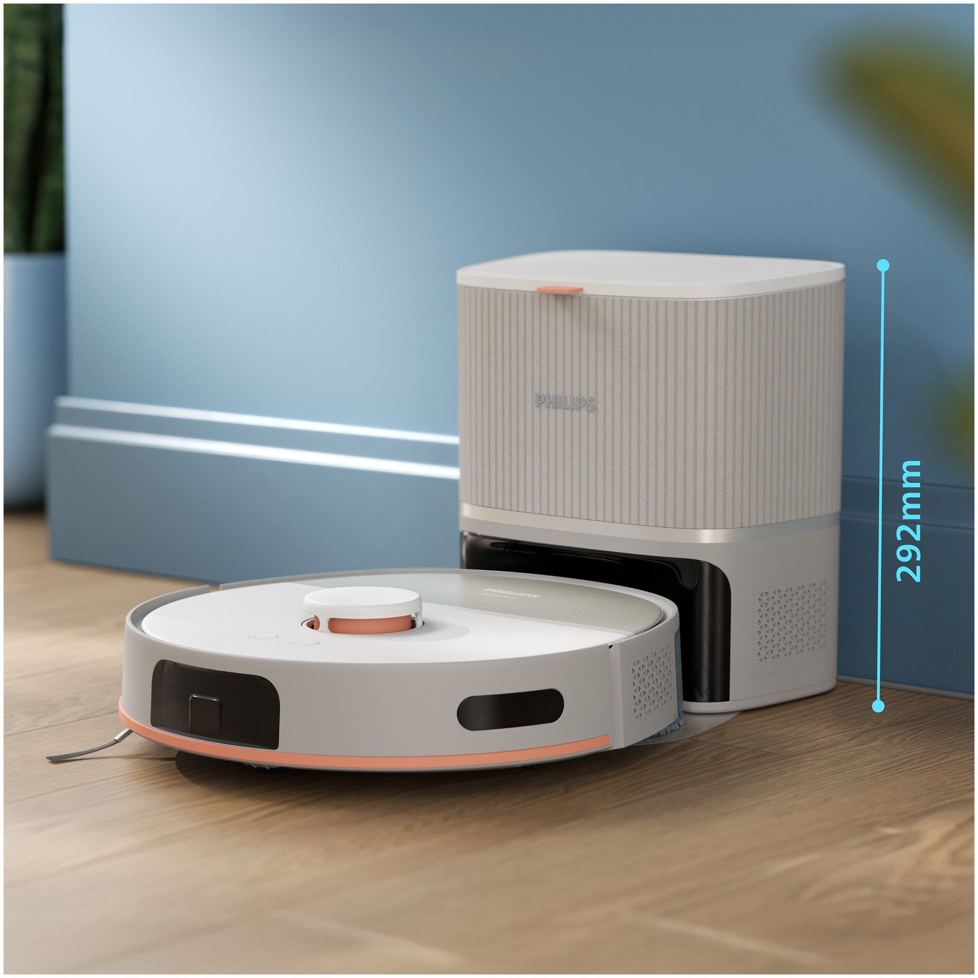 Aspirator robot si mop Philips XU5100/20 seria 5000, statie de golire automata, navigare LDS, mop rotativ, 10.000 Pa, Perie antiîncurcare, Detectare obstacole mici, Detectare automata a covoarelor, culoare bej
