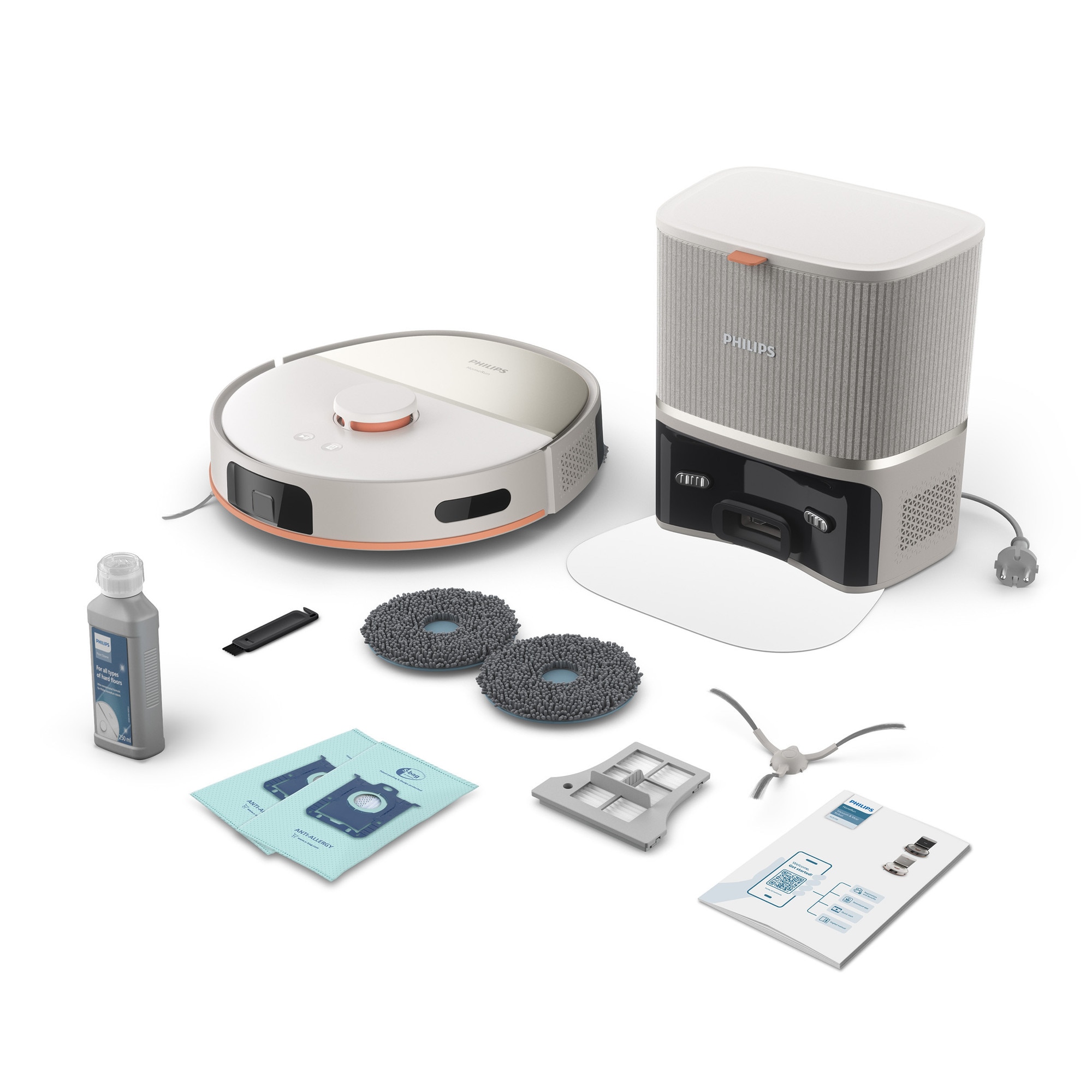 Aspirator robot si mop Philips XU5100/20 seria 5000, statie de golire automata, navigare LDS, mop rotativ, 10.000 Pa, Perie antiîncurcare, Detectare obstacole mici, Detectare automata a covoarelor, culoare bej