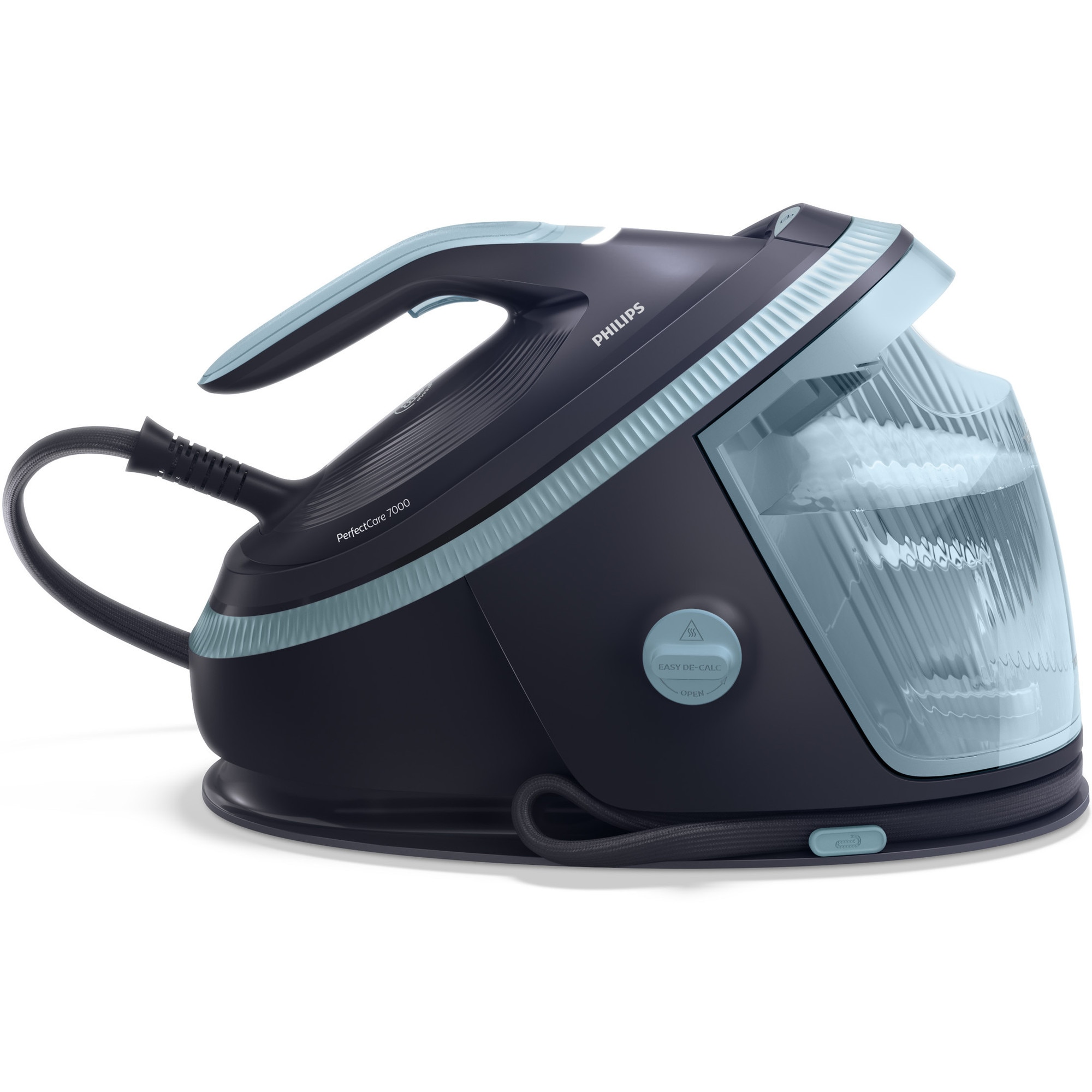 Statie de calcat cu abur Philips seria7000 PSG7200/20, tehnologie OptimalTEMP, garantat fara arsuri, Abur max 160 g/min, jet de abur 600g, rezervor detasabil de 1.5 l, Talpa SteamGlide Elite, Mod ECO, Oprire automata de siguranta, albastru