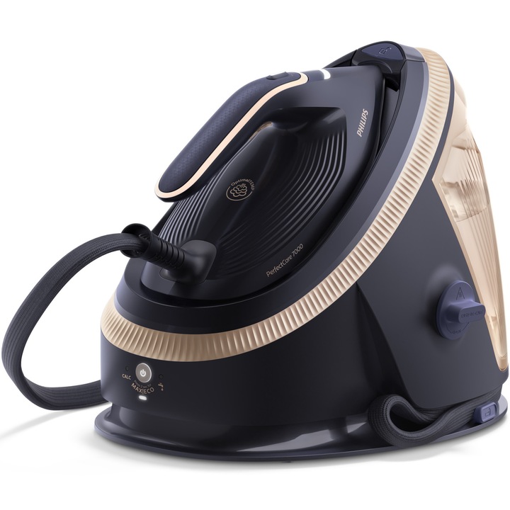 Statie de calcat Philips PSG7300/20 seria 7000, 170g/min debit de abur, 650g jet de abur, presiune 8.5 bar, putere 2850W, senzor inteligent ce elibereaza si opreste automat aburul, rezervor 1.5L, culoare negru