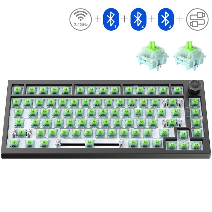 Комплект механична клавиатура, eleBite®, 2.4GHz безжична / Bluetooth / кабел Type-C, gasket структура, 75% оформление, механични суичове, hot-swap, съвместима с механични капачки за клавиши, мултимедиен бутон, RGB осветление, батерия 8000mAh, черна