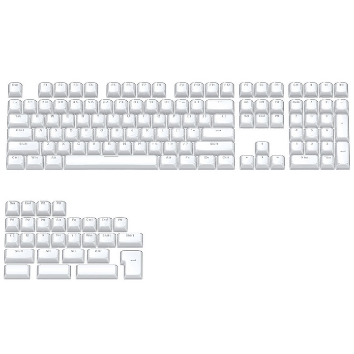 Комплект капачки за механична клавиатура, 136 клавиша, двуслоен кристален вид, предно гравиране, бял