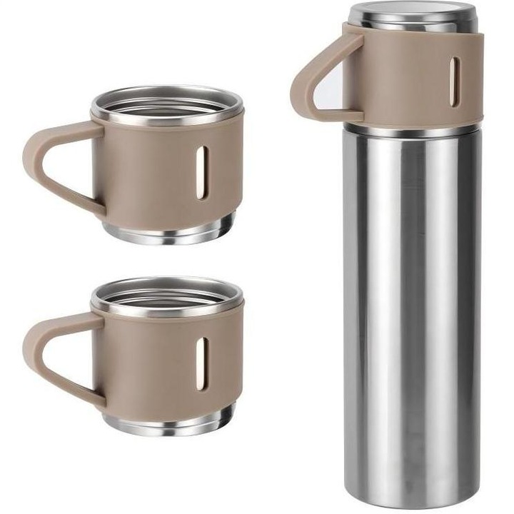 Set termos cu 3 cesti, Otel inoxidabil, 500 ml, argintiu, rezistent la scurgeri, design portabil