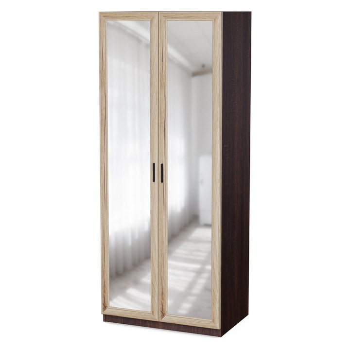 Dulap, Meblast, 90x220x55 cm, 2 Oglinzi, Compatibil cu Seturile Livio/Stilo/Modena, PAL 18 mm, Cu Bara si Rafturi, Balamale GTV, Cant PVC Ranforsat, Spate din HDF, Sonoma Intunecat / Sonoma Deschis