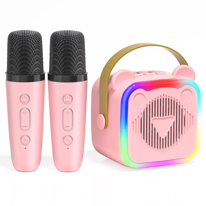 Set de karaoke portabil cu 2 microfoane, OVERTANG, efecte de schimbare a vocii, lumini LED colorate, pentru copii 3-12 ani
