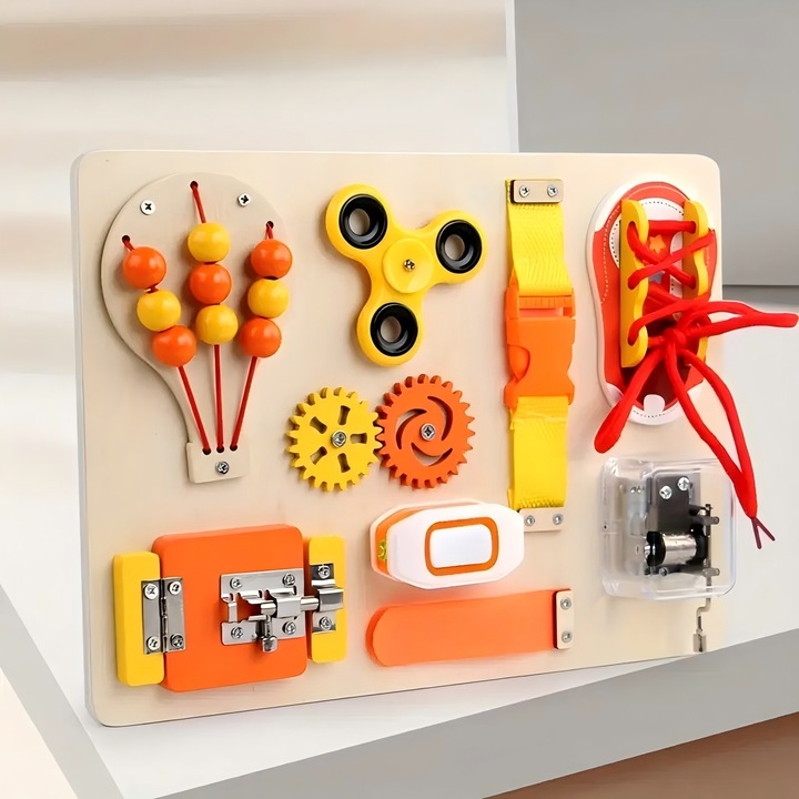 Jucarie educativa 9 in 1 OVERTANG, tabla senzoriala din lemn, activitati interactive, muzica, 1-3 ani