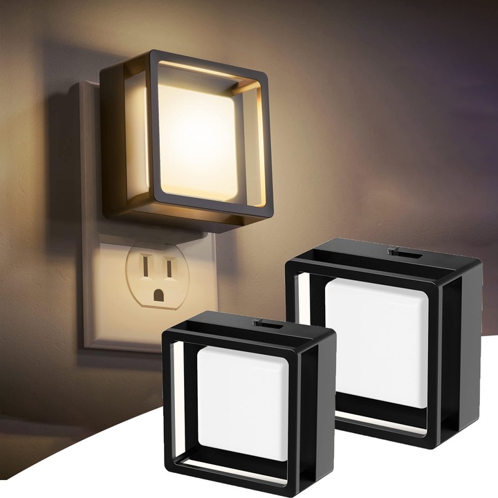 LED нощна лампа Комплект от 2 броя, Включена в контакт, Сензор ден-нощ, Регулируема интензивност 0-60lm, 100-240V, Регулируема яркост, Подходяща за спални, коридори, всекидневни, стълби, OUYLAF, Черен