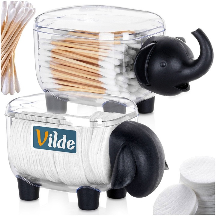 Set 2 Recipiente Pentru Betisoare Si Dischete Cosmetice, Vilde, 13x7x8 cm, 15.5x7x8 cm, Fabricate Din Material Transparent, Forme Decorative De Oaie Si Elefant, Capace Care Protejeaza Continutul, Umplere Usoara Datorita Orificiului Larg, Multicolor
