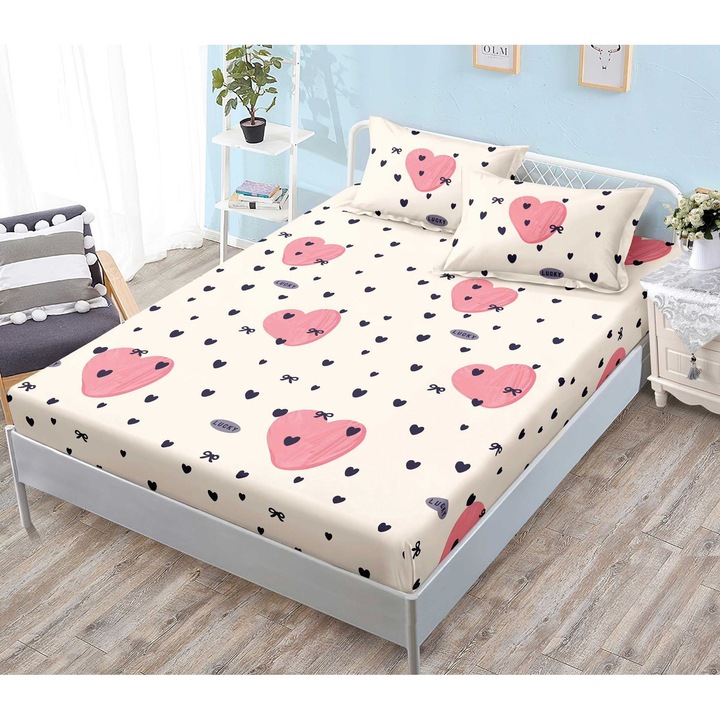 Set Husa de Pat CHIRASO, cu ELASTIC, cu Imprimeu, FINET, pentru saltea de 180x200 cm si 2 Fete de Perna 52x80 cm, crem-roz