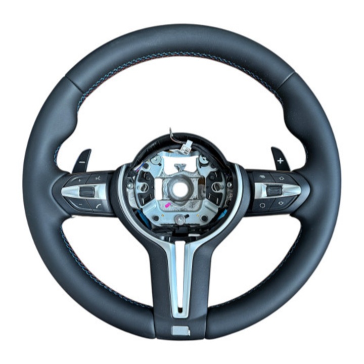 Volan sport idealSTORE piele de inalta calitate compatibil BMW Seria 5 E60/E61, Seria 6 E63/E64 pana la 09/2005, Negru cu cusaturi in culorile BMW Motorsport, Ergonomic, Aderenta imbunatatita, cu butoane multifunctionale integrate