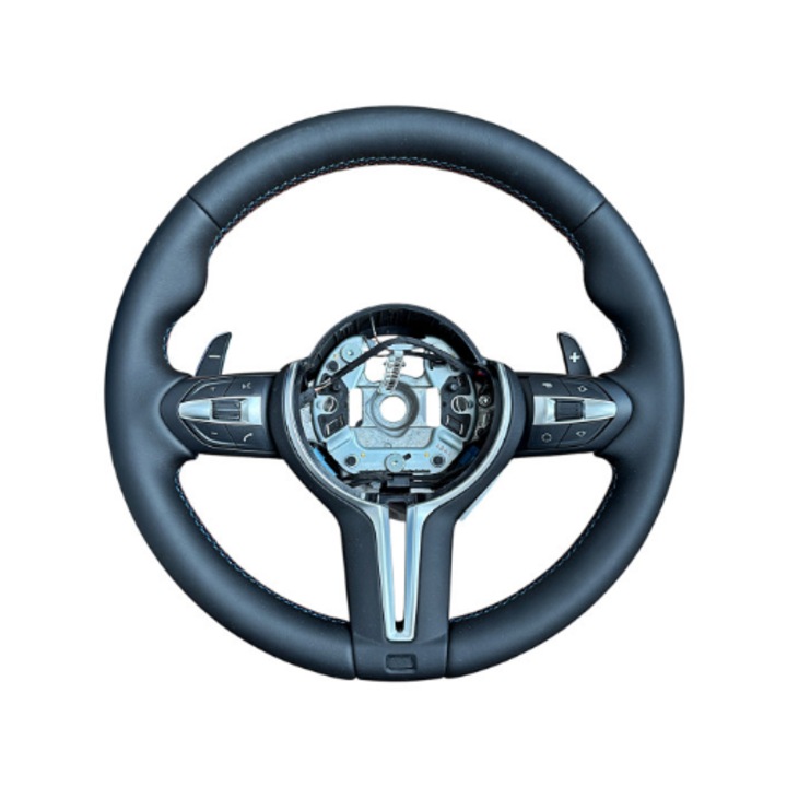 Volan sport idealSTORE piele de inalta calitate compatibil BMW Seria 5 E60/E61, Seria 6 E63/E64 pana la 09/2005, Negru cu cusaturi in culorile BMW Motorsport, Ergonomic, Aderenta imbunatatita, cu butoane multifunctionale integrate