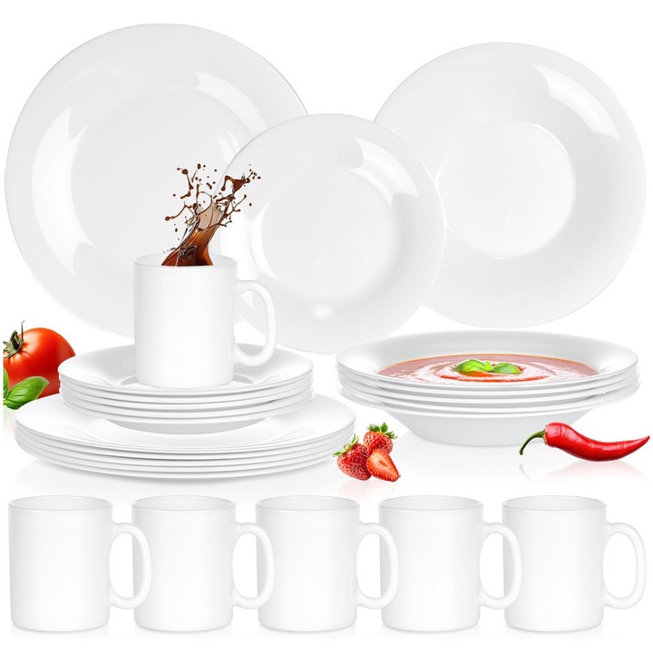 Комплект стъклени прибори за хранене, Vilde, 24 части, различни размери, изработени от опалово стъкло, подходящи за съдомиялна машина и микровълнова фурна, универсална употреба, класически дизайн, бели