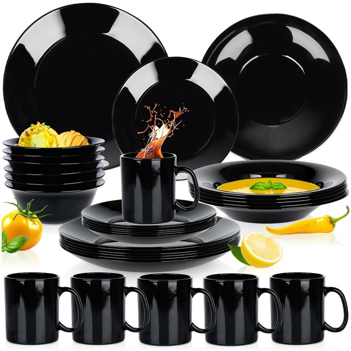 Set De Vase Pentru Servirea Mesei, Vilde, 30 Piese, Dimensiuni Variate, Sticla, Compatibil Cu Masina De Spalat Vase Si Cuptorul Cu Microunde, Utilizare Universala, Design Clasic, Negru