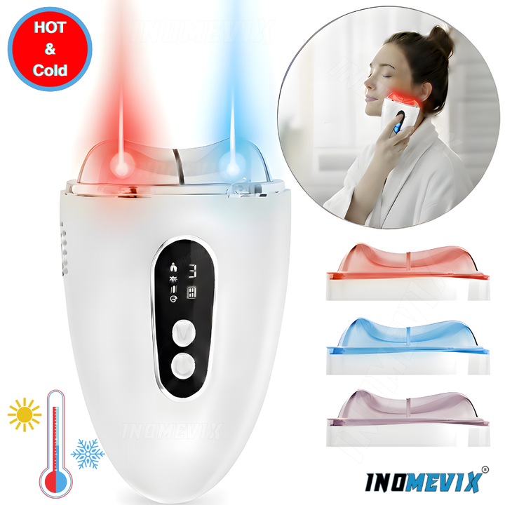 Апарат за масаж на лице и тяло INOMEVIX®, LED светлинна терапия и вибрации, EMS, затопляне и охлаждане, ергономична 3D глава, лифтинг, стягане и ревитализация, професионално устройство за лицеви терапии и подмладяване на кожата, мезотерапия, анти-бръчки
