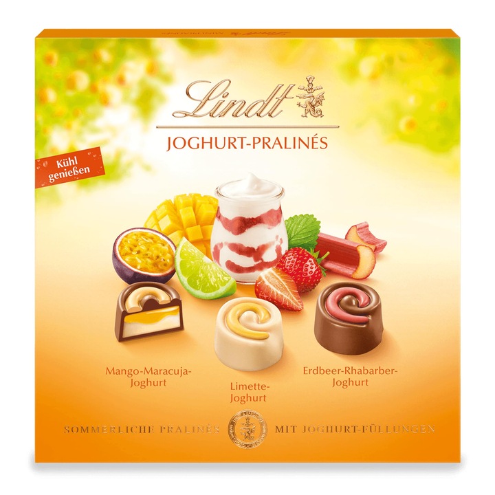 Cutie de ciocolată Lindt, praline de iaurt de vară, 16 bomboane, 150g, fără alcool