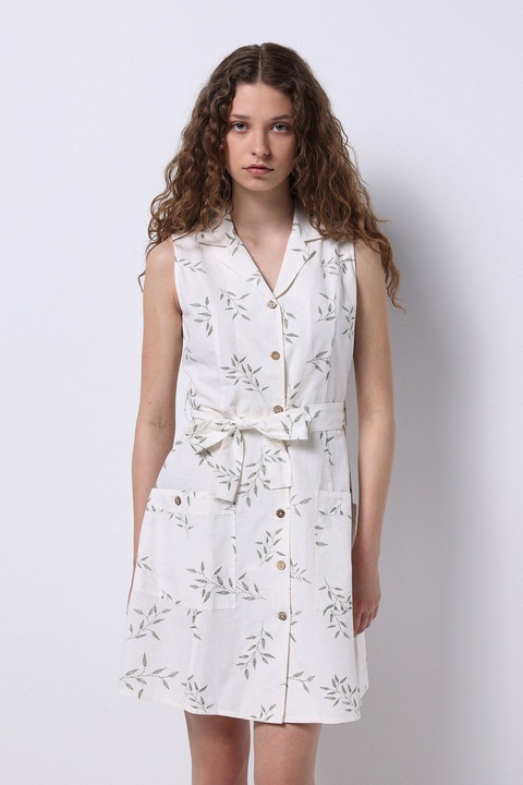 COLIN'S, Rochie-camasa din amestec de in, Alb murdar/Verde sparanghel