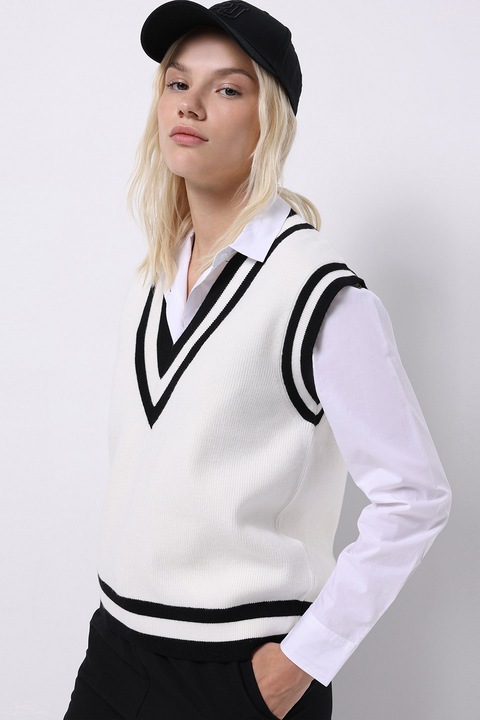 COLIN'S, Vesta tricotata fin cu terminatii contrastante, Negru, Alb murdar, S