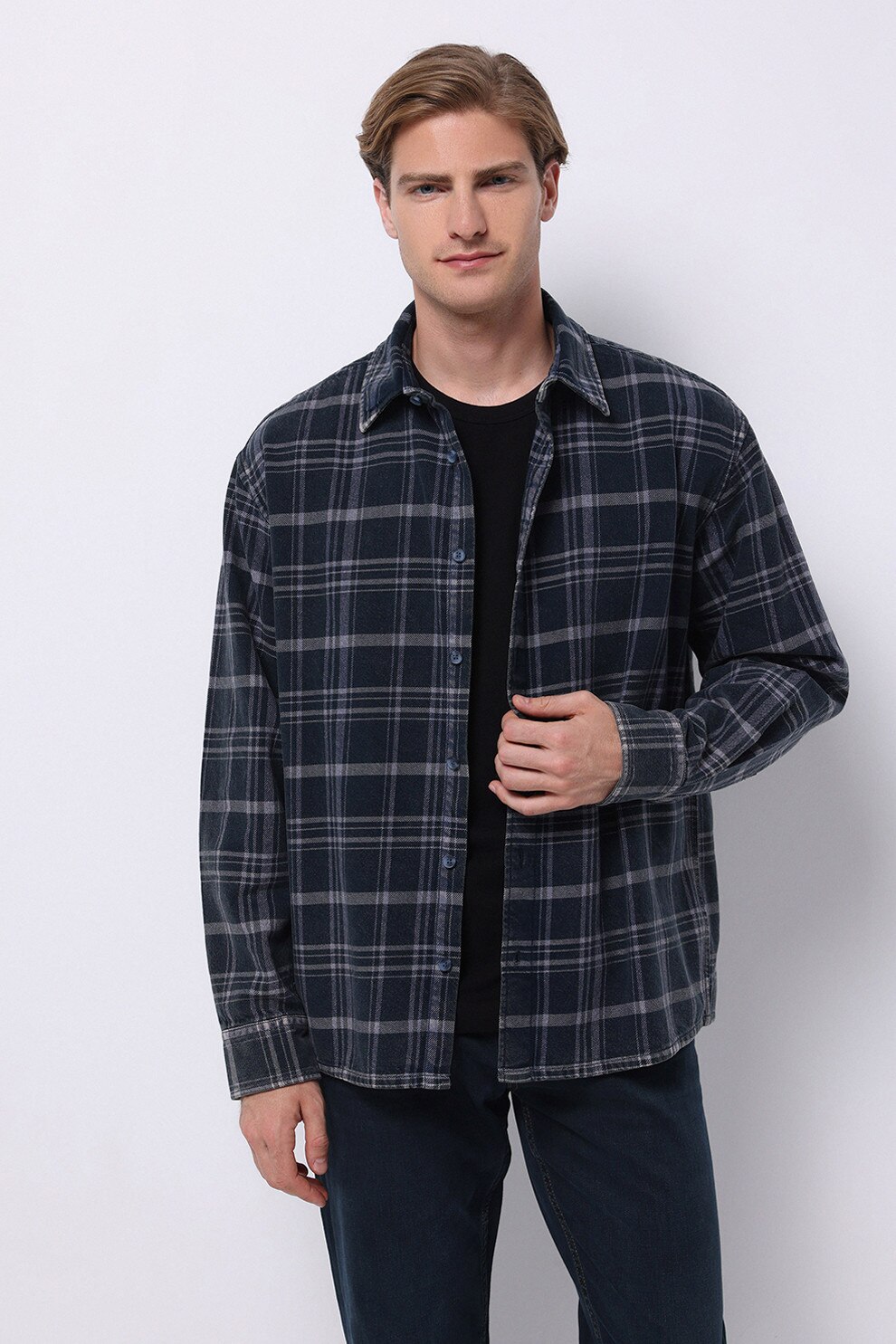COLIN'S, Camasa de bumbac cu model in carouri, Alb, Albastru ultramarin, S