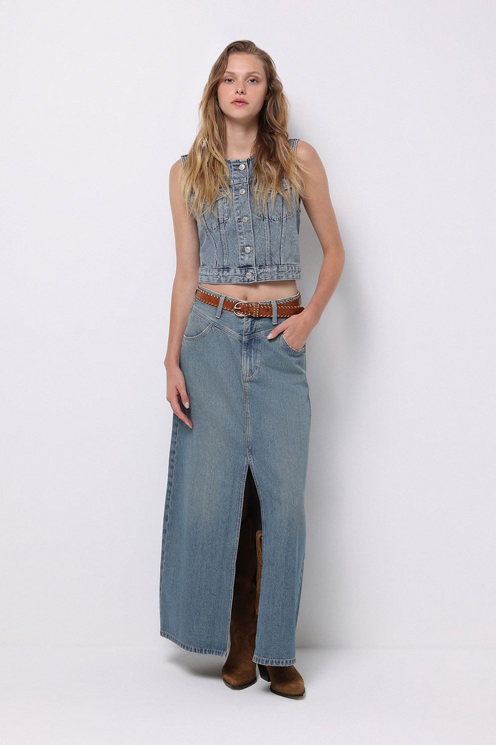 COLIN'S, Fusta maxi de denim cu slit frontal, Albastru melange, 36