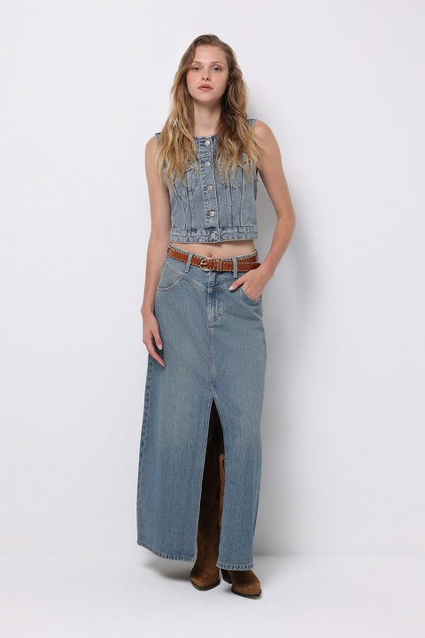 COLIN'S, Fusta maxi de denim cu slit frontal, Albastru melange