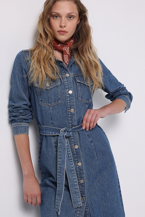 COLIN'S, Rochie-camasa midi din denim cu maneci lungi, Albastru melange, XS