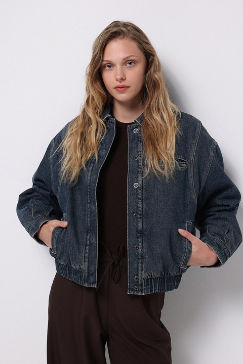 COLIN'S, Jacheta din denim cu talie elastica si capse, Albastru inchis