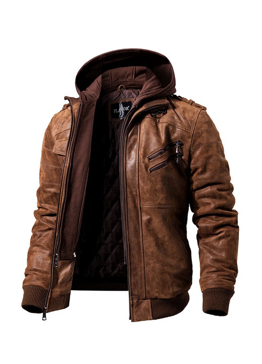 Geaca barbati FLAVOR din piele naturala, cu gluga detasabila, maro, Maro