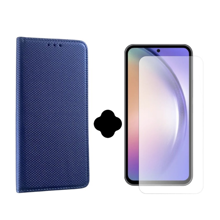 Set protectie pentru Samsung Galaxy S24, Husa Book si Folie clear, Piele eco texturata, Inchidere magnetica, 2 buzunare card, Albastru