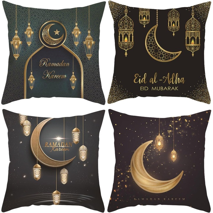 Fata de perna decorativa 45 x 45 cm model RAMADAN Eid Mubarak - Set de 4