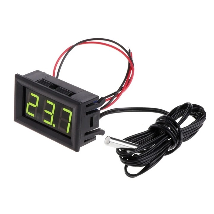 Digitális LED hőmérő NTC vízálló érzékelővel, -50–110°C, DC 5–12V, Zöld