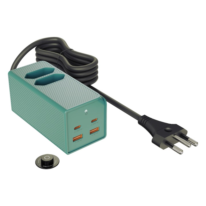 Удължителен кабел Allocacoc, PowerBrick, 2 гнезда, 2 x USB и USB-C порта, кабел 1,5 м, идеален за офис/дом, магнит за закрепване, компактен дизайн, сив