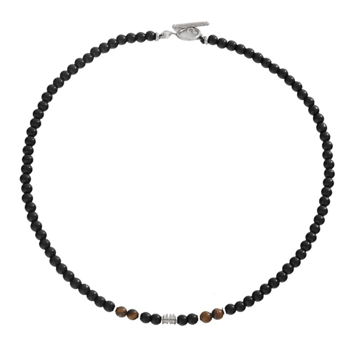 Colier Unisex, Danati™, Elegant cu Margele Onix si Ochi de tigru de 4mm, Colier hip-hop sau still, look, Fix, Circumferinta 50cm, Negru/Maro/Argintiu