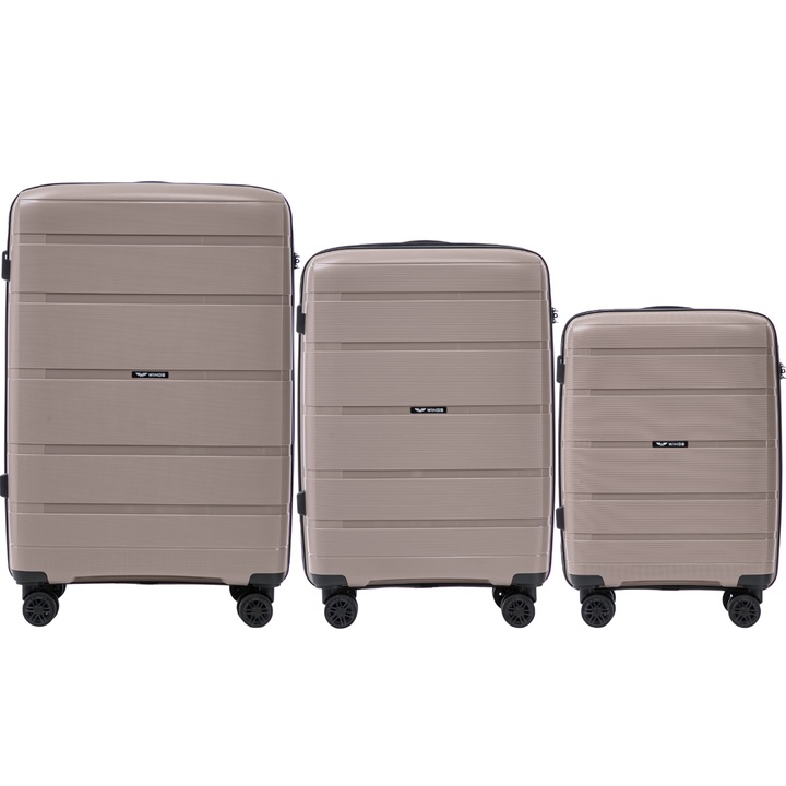 Set 3 trolere Wings Hawfinch, polipropilenă, compartiment dublu, bej, 75x50x30cm, 65x44x25cm, 55x39x20cm