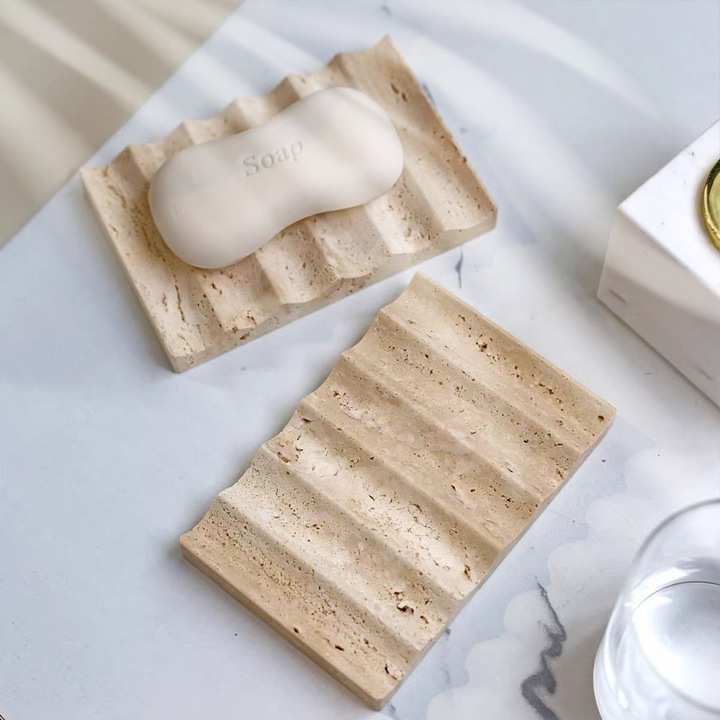 Tava organizator baie marmura naturala bej 12x8cm multifunctionala