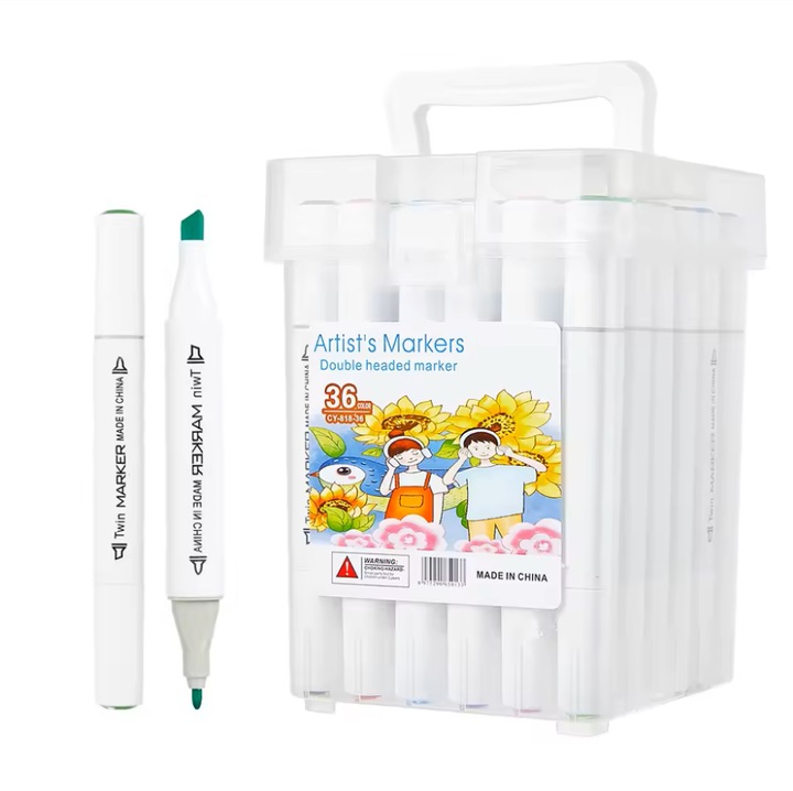 Set 36 markere Artistice Duble AZeira®, 2 Capete, Fara miros, Culori unice, Rezistente la apa, Multisuprafete, Culori Intense si Rezistente, Uz universal, Permanente, Cutie depozitare, Alcool, Multicolore