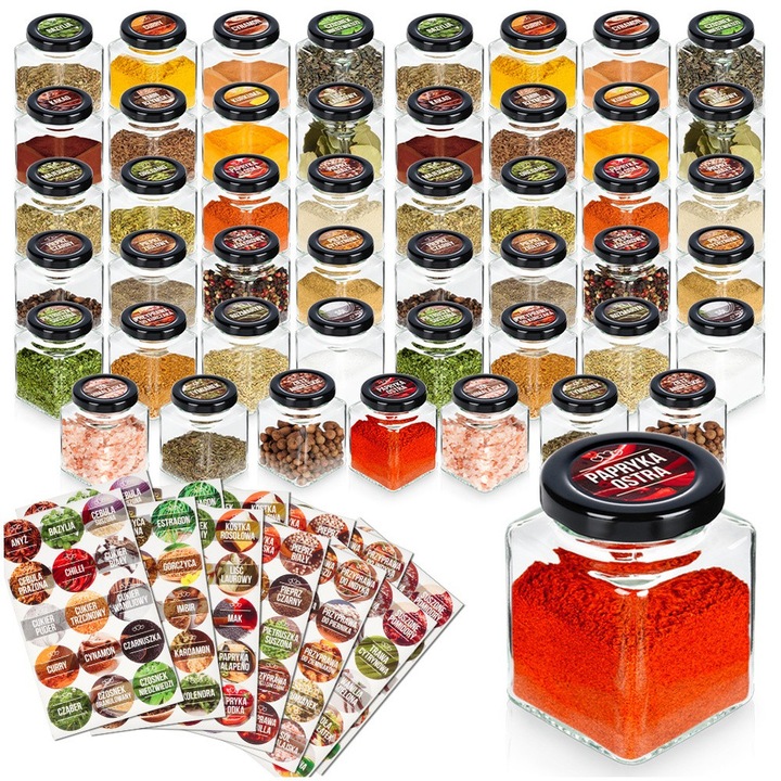 Set 48 Recipient Pentru Condimente Cu Etichete, Vilde, 5.5x5.5x7.5 cm, 100 ml, Sticla, Capace Negre, Etichete Autocolante, Transparent